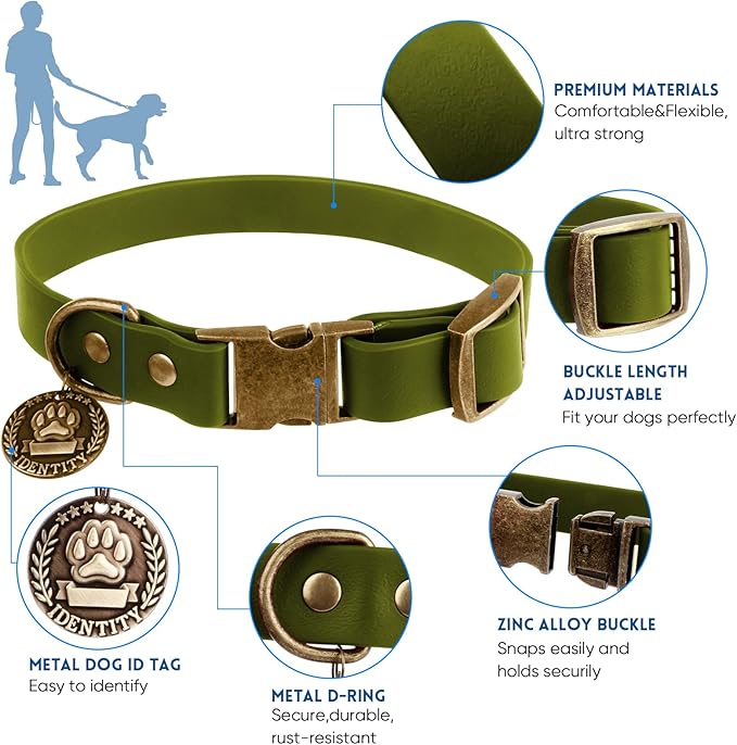 Wisedog Dog Collar and Leash Set, Waterproof Adjustable Puppy Collars with Cute Tag 5FT Dog Leash with Poop Bag for Small Medium Large Dogs (M, Green)