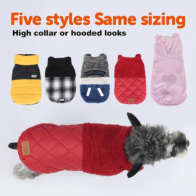 FOFOS Dog Winter Coat, Plush Dog Jacket with Leash Hole, Adjustable Warm Pet Snow Vest for Small Medium Dogs, Red, M
