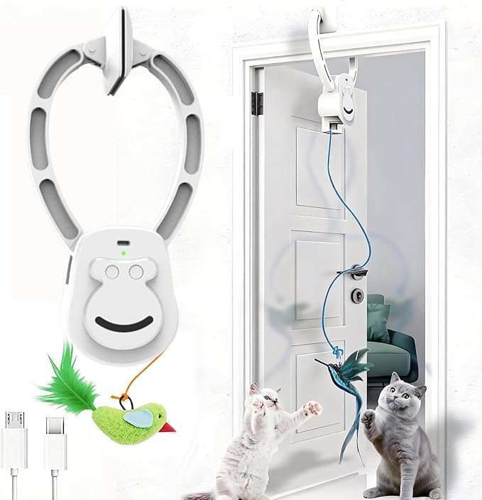 Meowscles Cat Toy, Automatic Interactive Cat Feather Toys with Rotating and telescoping Modes., USB Rechargeable Kitten Toys for Indoor Cats (White)