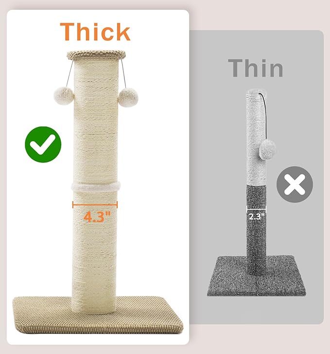 Made4Pets Tall Cat Scratching Post, 33" Natural Sisal Cat Scratcher with Hanging Balls, Heavy Duty and Thicker Scratching Post for Indoor Cats Adults, Sturdy Base Cat Scratch Post, Beige