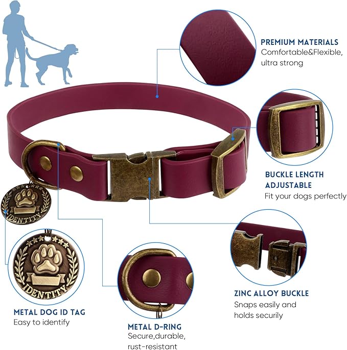 Wisedog Dog Collar and Leash Set, Waterproof Adjustable Puppy Collars with Cute Tag 6FT Dog Leash with Poop Bag for Small Medium Large Dogs (XL, Burgundy)