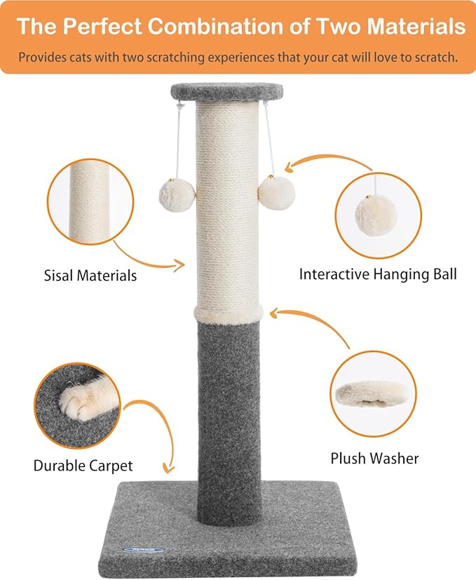 34-Inch Tall Cat Scratching Post for Indoor Cats, Komicoll Large Carpet Scratch Post, Sisal Cat Scratcher, Sturdy and Durable Cat Post with Hanging Ball