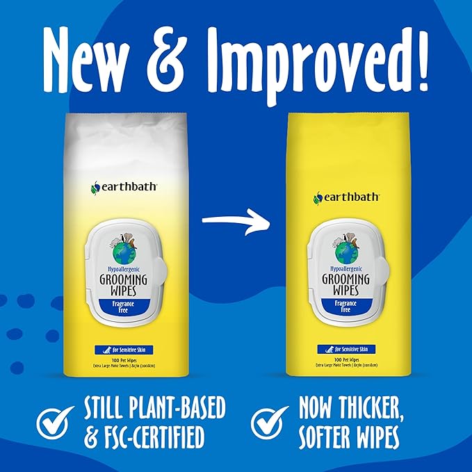 earthbath Dog Grooming Wipes - Dog Wipes for Paws and Butt, Pet Wipes for Dogs & Cats, Helps Itchy & Dry Skin -Fragrance Free, 100 Count (1 Pack)