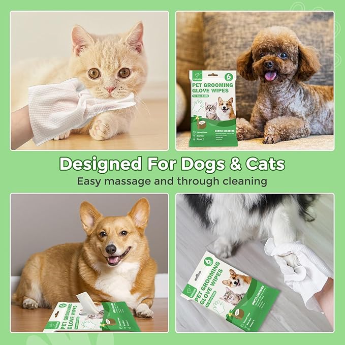 Vannon Extra Thick Pet Bathing Wipes for Dogs & Cats, Cleaning & Odor-Controlling Grooming Gloves, Nourish Fur Glove Wipes for Daily Care and Traveling, Rinse Free, Coconut Scent, 6 PCS