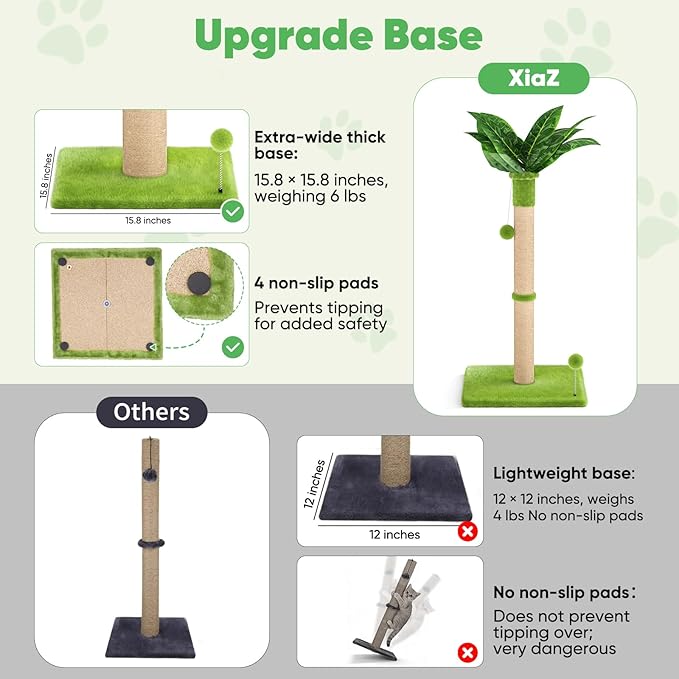 XiaZ Cat Scratching Post 34'' Tall, Cat Scratchers Tree Tower for Indoor Kitty with Extra Wide 15.8" Stable Base and 2 Toy Balls, Natural Sisal & Plush Fabric for Small, Medium Cats (Green, 2.8in)