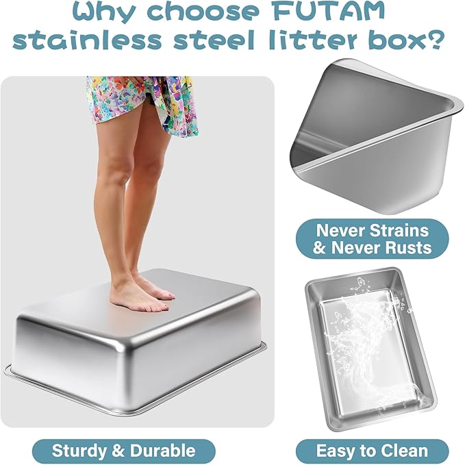 Stainless Steel Litter Box 2 Pack,19.7"x13.7"x6" Large Metal Litter Box for Kitty/Cat/Rabbits, Easy to Clean, Non Stick Litterbox No Smell for Adult Cats