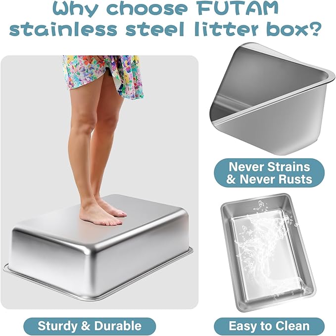 Stainless Steel Litter Box, 23.6“x15.7"x6" Deep Stainless Steel Cat Litter Box Extra Large, XL Metal Litterbox for Big Cats with High Sides, Non Stick Surface, Easy to Clean