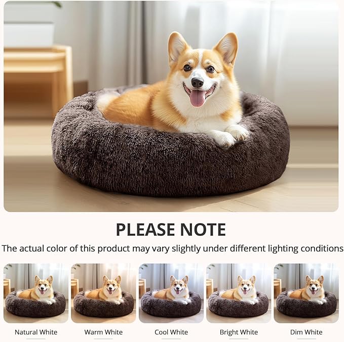 JOLLYVOGUE Calming Dog Bed for Small Dogs - 23 inches Donut Washable Small Dog Bed for Kittens & Puppies, Anti-Slip Round Fluffy Plush Faux Fur Cat Beds (Fits up to 25 lbs Pets)