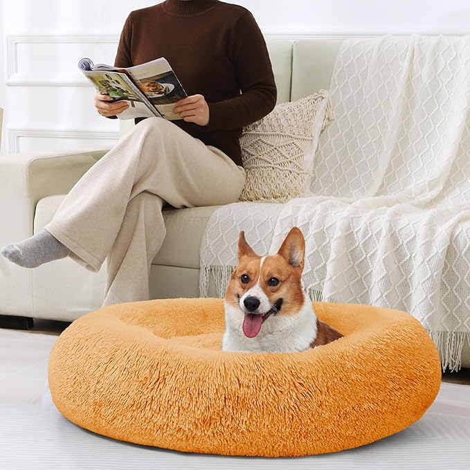 JOLLYVOGUE Dog & Cat Bed, Calming Anti-Anxiety Pet Bed for Small Dogs, Fluffy Donut Cushion for Small and Medium Pets (23")