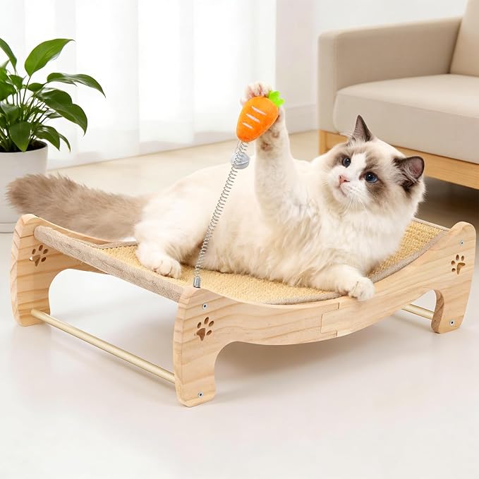 Wooden Cat Scratcher Bed with Carrot Toy, Dual-Role Hammock & Sisal Post, Indoor Cat Furniture for Napping & Play