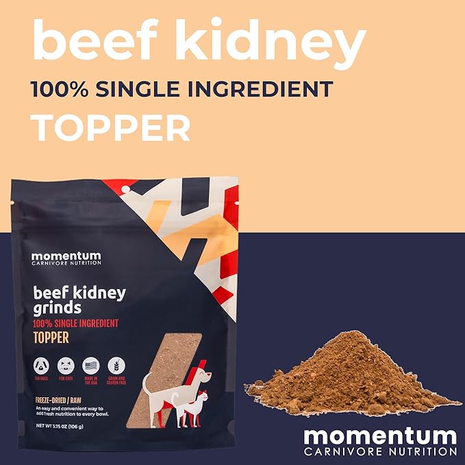 Momentum Carnivore Nutrition Freeze-Dried Beef Kidney Pet Food Topper – Single-Ingredient, All-Natural Topper – High-Protein for Dogs and Cats, Grain-Free and Made in The USA– (3.75 oz Bag)