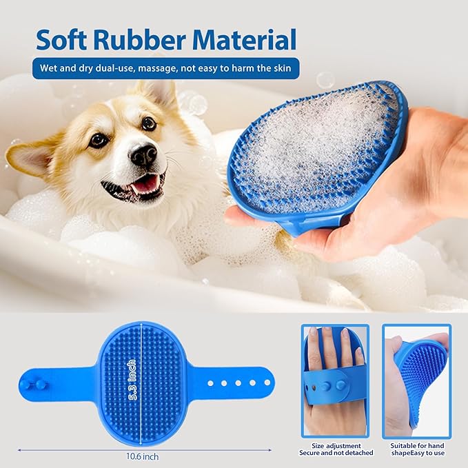 5 Piece Dog Grooming Brush Set with Grooming Gloves, Deshedding Comb & Massage Bath Brush | Dog Shampoo Brush - Multifunctional Pet Hair Removal Tools for Shedding, Bathing, Brushing (Blue)