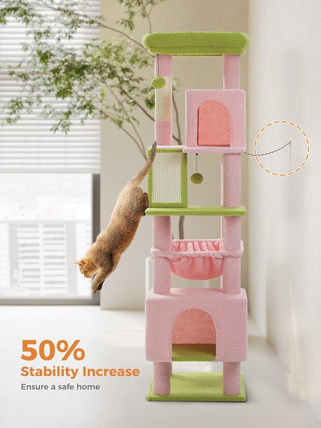 Pink 71" Tall Cat Tree for Large Cat 20 lbs with Super Large Hammock, Heavy Duty Cat Tower with 4 Sisal Scratching Posts & 2 Spacious Condos for Big Adult Cats Maine Coon -Green