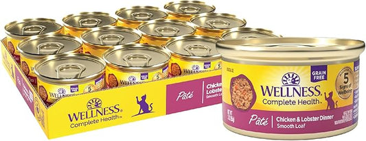 Wellness Complete Health Pate Adult Wet Cat Food, Natural, Protein-Rich, Grain Free, 3 Ounce, 24 Pack, (Chicken & Lobster)