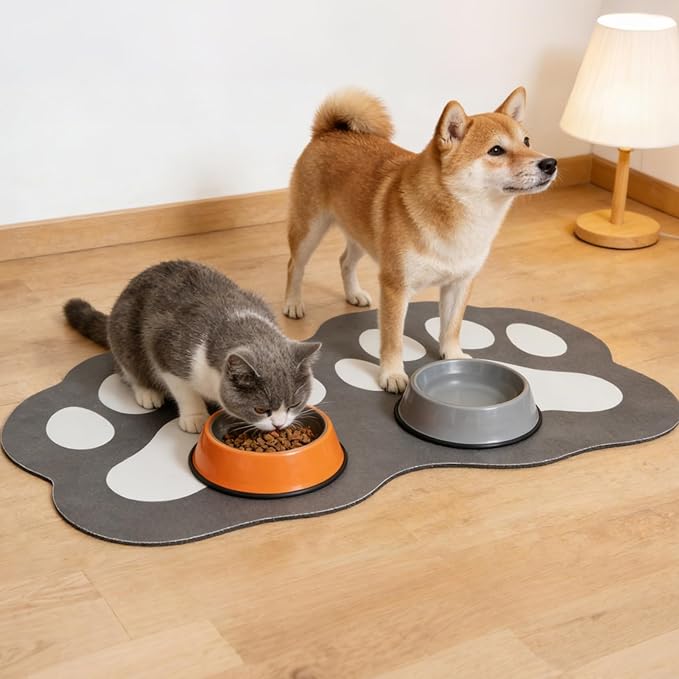 PUPTECK Dog Food Mat, Quick Absorbent Pet Cat Feeding Mat, Anti-Slip Dog Placemat for Food and Water Bowls with Rubber Backing, No Stains Floors Waterproof Indoor, Grayish Black & White 16"x24"
