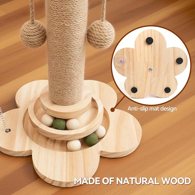 Cat Scratching Post, 4 in 1 Wooden Cat Scratcher Toy, 18.11" Tall Scratch Post with 2 Level Cat Track Balls, Interactive Feather Toy and 2 Sisal Hanging Balls for Indoor Kittens, Adult Cats