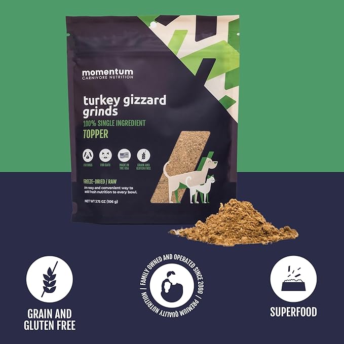 Momentum Carnivore Nutrition Freeze-Dried Turkey Gizzard Pet Food Topper – Single-Ingredient, All-Natural Topper – High-Protein for Dogs and Cats, Grain-Free and Made in The USA– (3.75 oz Bag)
