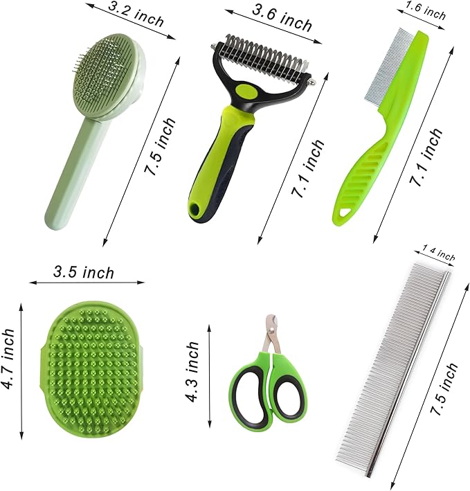 Cat Grooming Brush Kit 6 Tools - Deshedding & Dematting for Long/Short Hair, Self-Cleaning Slicker Brush with 6-in-1 Flea Comb for Cats & Kittens (Green)
