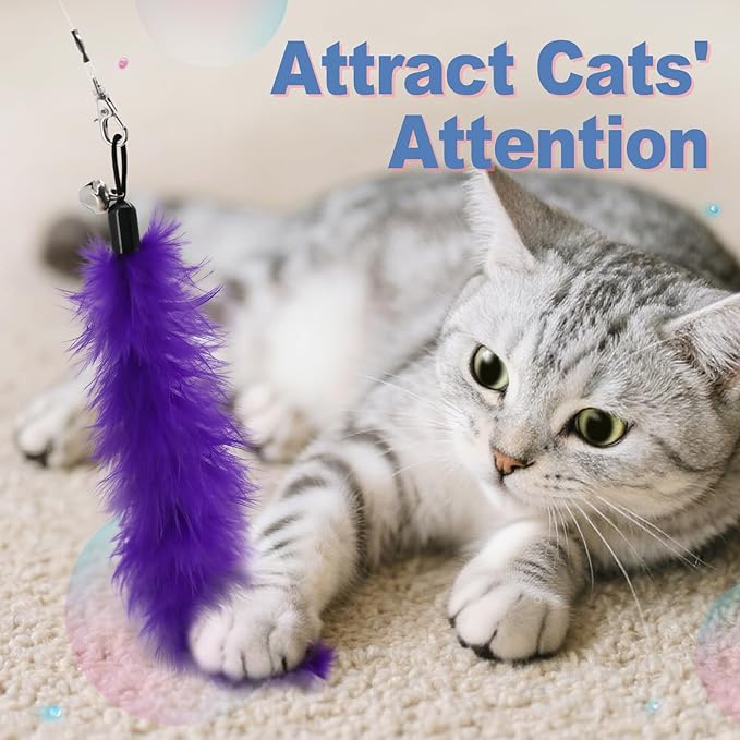 SONGWAY Cat Wand Toys for Indoor Cats - Cat Toy Set with Retractable Teaser Wand and 6 PCS Colorful Feather Toy Refills, Dragonfly Tassel Plush Cat Toys Interactive, Multicolored