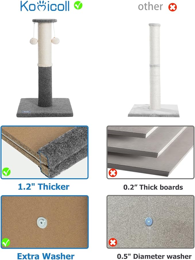 34-Inch Tall Cat Scratching Post for Indoor Cats, Komicoll Large Carpet Scratch Post, Sisal Cat Scratcher, Sturdy and Durable Cat Post with Hanging Ball