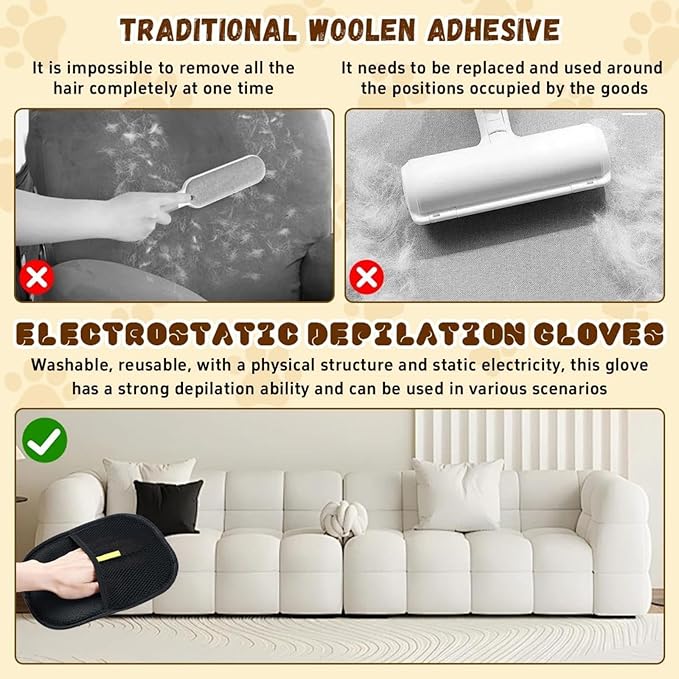 Pet Hair Removal Glove, Pet Hair Removal Tool, Electrostatic Cats and Dogs Pet Hair Removal Gloves, Suitable for All Pets, Reusable (2pcs)
