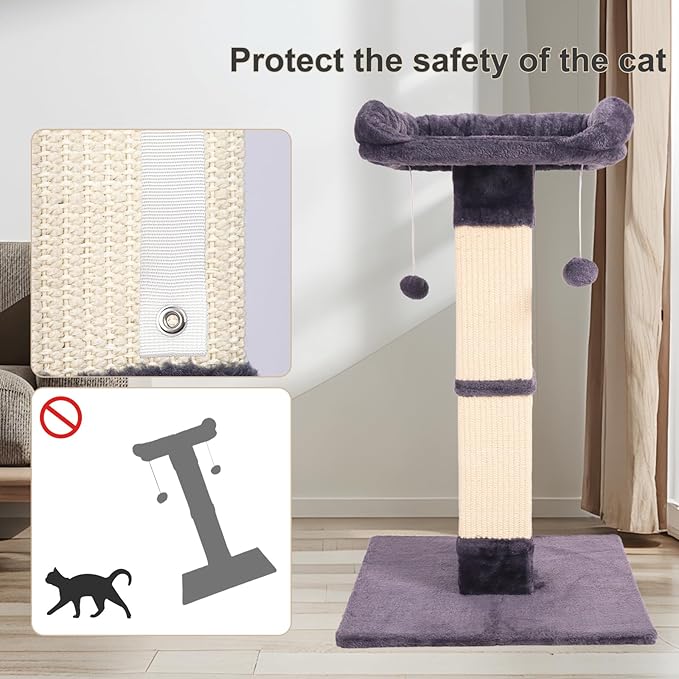 34" Cat Scratching Post for Indoor Cats, Sisal Cat Scratcher with Large Plush Perch, Vertical Posts with Elevated Bed and with Two Dangling Balls, Removable & Washable Cover, Dark Grey