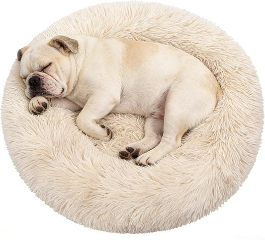 Calming Donut Dog Bed Medium Size Dog - Washable Removable Cover Non-Slip Bottom, Round Pet Bed Cat Bed Warming Fluffy Plush Faux Fur Anti-Anxiety, Fits up to 45 lbs (Beige, 30")