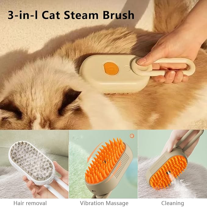 Cat Steam Brush, 3 in 1 Pet Steam Cats Brushes Rechargeable Anti-Static Grooming Brushe, Vibration Massage Cleaning Shedding & Combing Multifunctional Hair Removal Comb for Cats Dog (White)