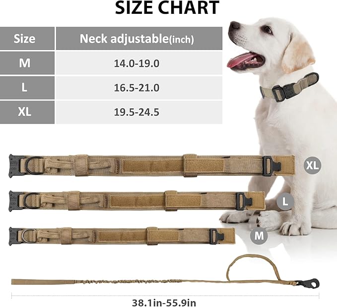 Tactical Dog Collar and Leash Set Heavy Duty Military Dog Collar with Handle and Metal Buckle for Medium and Large Dogs (Brown, XL)