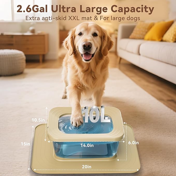 10L No Spill Dog Water Bowl, 2.6 Gal Stainless Steel No Splash Large Dog Water Bowl with Non-Slip Silicone Mat, Spill Proof Slow Drinking Pet Bowls for Messy Drinkers Indoor/Outdoor Use Beige