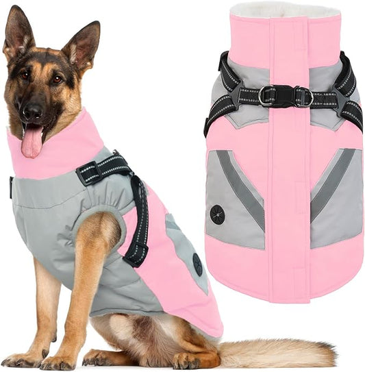 IECOii Dog Coat for Large Dogs Waterproof Dog Winter Jacket with Harness Built in, Pink - XXLarge, Thermal Warm Fleece Lined, Reflective Dogs Jackets for Cold Weather Camping, Hiking, Pitbull