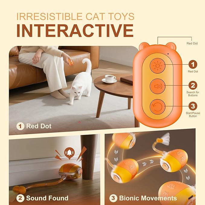 New Fi Smart Interactive Cat Toy Ball with Remote Control & Sound | Motion-Activated Automatic Cat Toy with 2 Elastic Tails, Red Dot & Find Function for Indoor Cats & Kittens