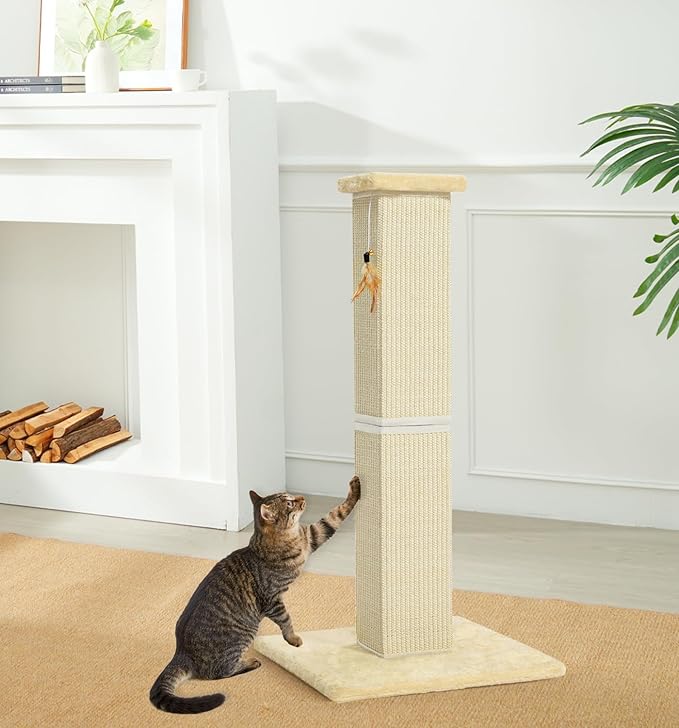 Made4Pets Cat Scratching Post, 32 Inch Natural Sisal Cat Scratcher with Kitten Toy, Tall Scratching Post for Indoor Cats Adults and Kittens, Beige
