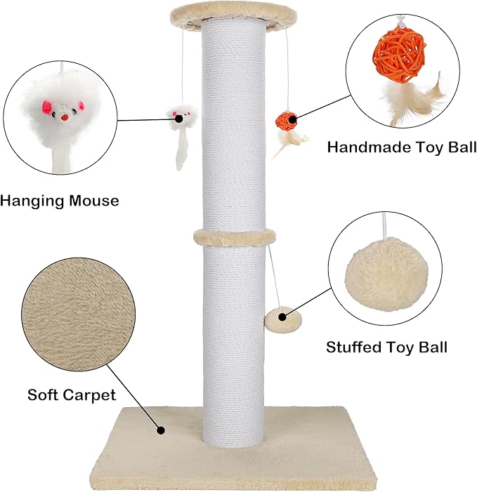 36.5 Inch Cat Scratching Post Heavy Duty Cat Scratch Post Handmade Cotton Rope with Hanging Toys for Ultimate Cat Fun(Beige)