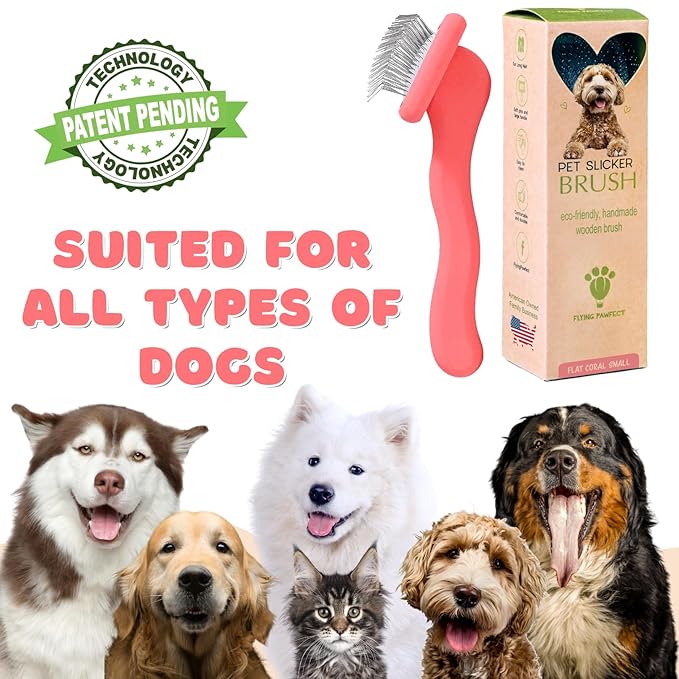 Pet Slicker Brush With Soft Massage Grooming Stainless Steel Pins - For Dematting, Shedding Fur, and Undercoat - Ideal Gift for Professional Pet Groomers - Long Slicker Brush (Coral, Flat Small)