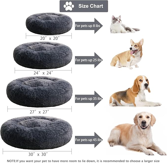 WNPETHOME Donut Dog Beds Large Sized Dog,Anti-Anxiety Caming Large Pet Bed,Fluffy Faux Fur Plush Puppy Bed，Warming Cozy Soft Round Bed for Pet, Cat Cuddler Cushion