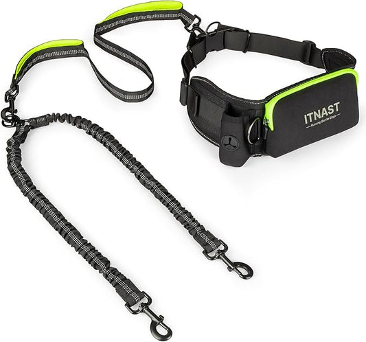 Hands Free Dog Leash for 2 Dogs, Waist Support Padded Bungee Dog Running Leash with Reflective Stitching for Walks, Jogging, Running, Hiking, and Dog Training