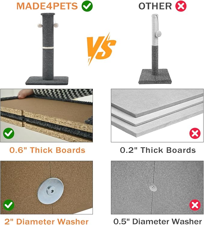 Made4Pets Tall Cat Scratching Post, 33" Modern Cat Scratcher with Hanging Balls, Heavy Duty and Thicker Scratching Post for Indoor Cats Adults, Sturdy Base Cat Scratch Post, Dark Grey