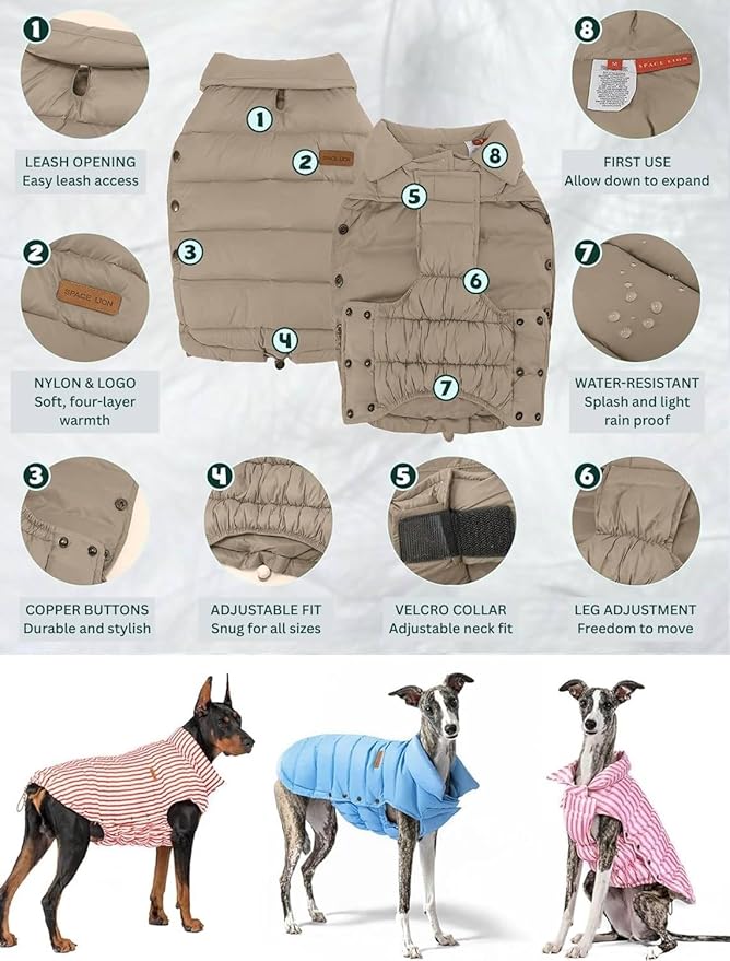 SPACE LION Dog Puffer Jacket, Down Winter Coat, Durable Outdoor Coat for Cold and Windy Conditions, Lightweight & Adjustable Fit Coats for Medium Dogs, (Khaki, Size14/L)