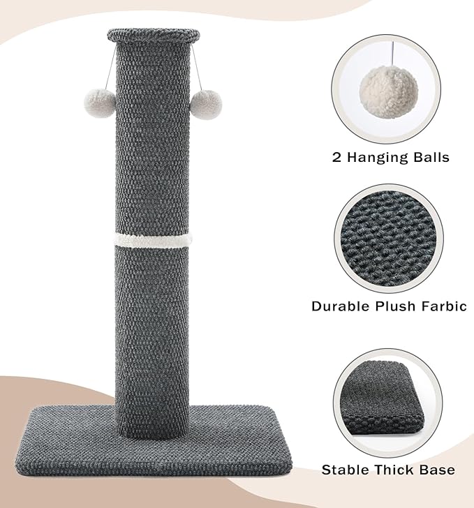 Made4Pets Tall Cat Scratching Post, 33" Modern Cat Scratcher with Hanging Balls, Heavy Duty and Thicker Scratching Post for Indoor Cats Adults, Sturdy Base Cat Scratch Post, Dark Grey