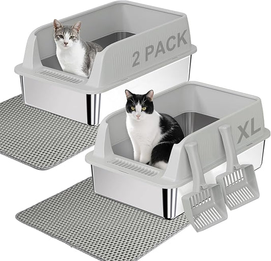 TENTIZON 2 Pack Stainless Steel Cat Litter Box with Lid, Open Top Large Metal Kitty Litter Pan with High Side, Litter Mat, Scoop for Kitten, Multi-Cats Home, Odor Control, Leak Proof, Easy Clean