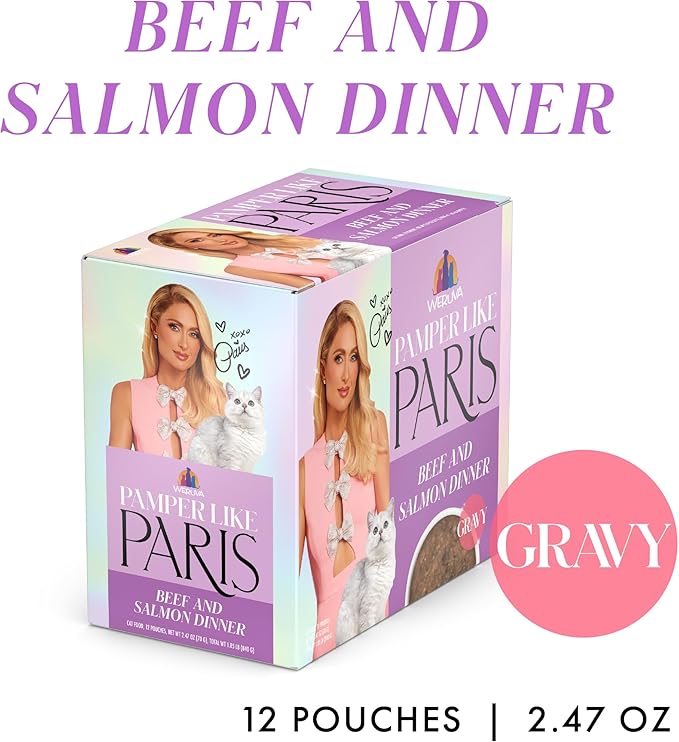 Weruva Paris Hilton Pamper Like Paris Wet Cat Food, Beef and Salmon in Gravy, 2.47oz Pouch, Pack of 12