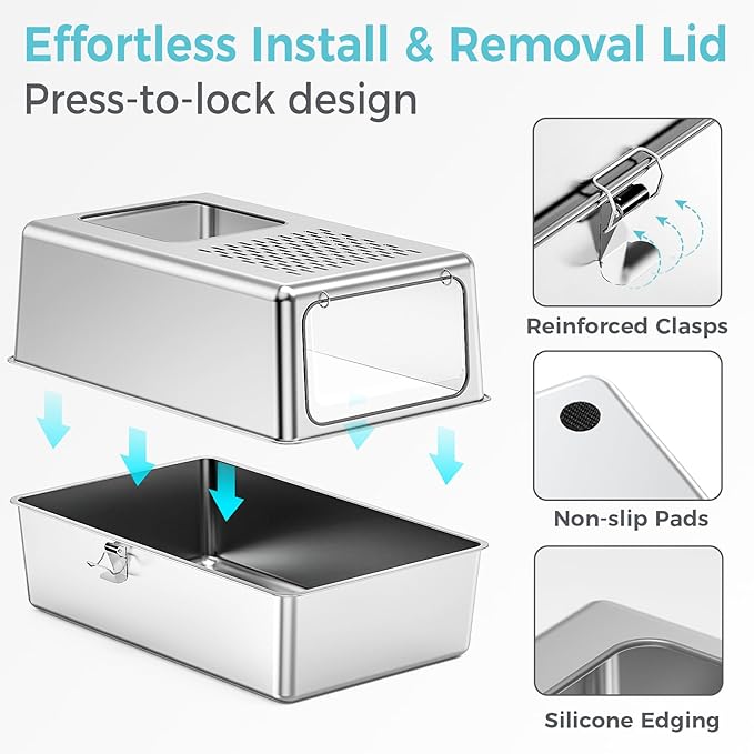 Large Enclosed Stainless Steel Litter Box with Lid, 19.7"x13.8"x13.8" High Sided Metal Cat Litter Box for Indoor Cats, Covered Dog Proof Kitty Litter Pan, Odor Free Tray, Non Sticky, L