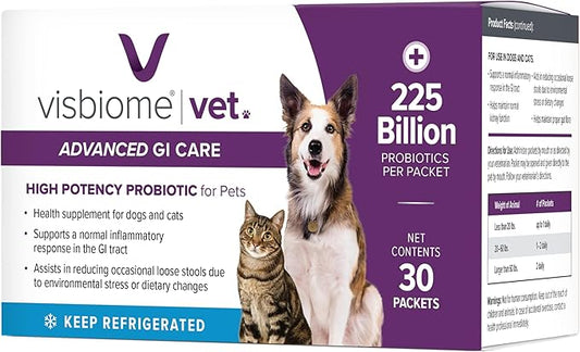 Visbiome® Vet Advanced GI Care High Potency Probiotic for Dogs & Cats – 225B CFU, 8-Strain Formula – Refrigerated, Veterinarian Recommended, Clean Label Certified – 30 Packets