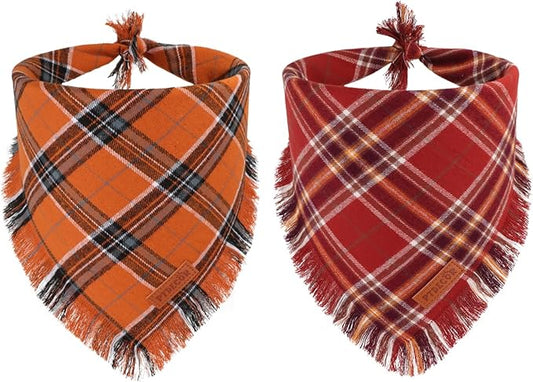 PTDECOR Fall Dog Bandanas with Tassels Edges, Orange and Brown Plaid Scarf Bib, Halloween Thanksgiving Autumn Pet Bandana, Reversible Triangle Bandanas for Extra Large Dogs (X-Large)