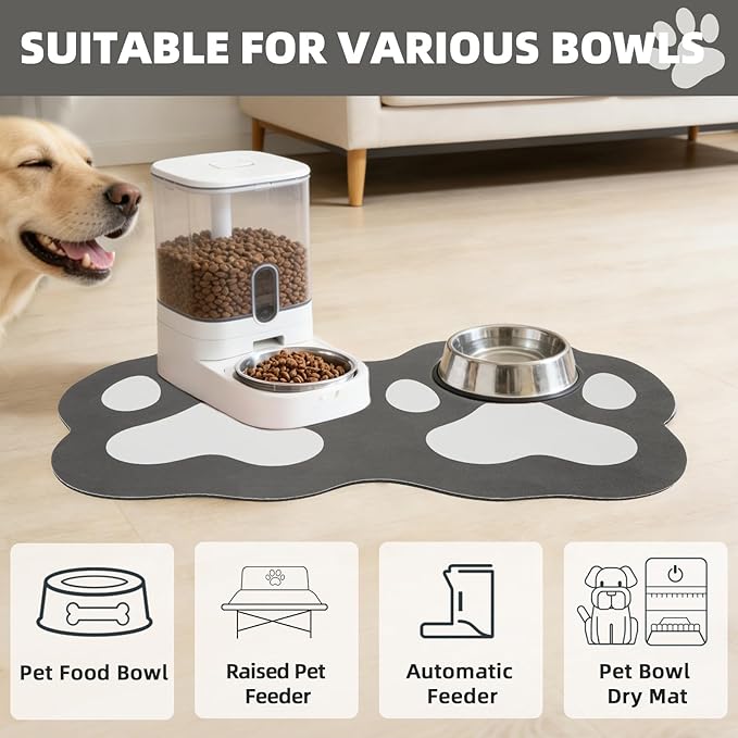 PUPTECK Dog Food Mat, Quick Absorbent Pet Cat Feeding Mat, Anti-Slip Dog Placemat for Food and Water Bowls with Rubber Backing, No Stains Floors Waterproof Indoor, Grayish Black & White 16"x24"
