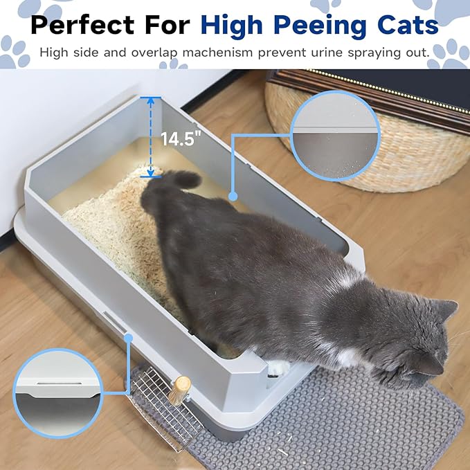 TENTIZON Stainless Steel Cat Litter Box with Lid, XL Large Covered Kitty Litterbox with Flip Top, High Side, Litter Mat, Scoop for Big Cats, Kitten, Multi-Cats Home, No Smell, No Mess, Easy Clean