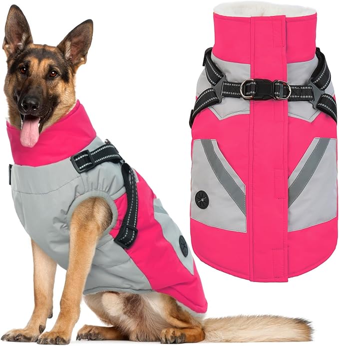 IECOii Dog Winter Coat with Harness Built in, Waterproof Windproof Dog Coats for Large Dogs, Thermal Fleece Lined Cold Weather Jackets with Zip, Outdoor Warm Snow Jacket Reflective, Rosered, XLarge