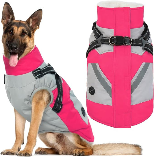 IECOii Dog Winter Coat with Harness Built in, Waterproof Windproof Dog Coats for Large Dogs, Thermal Fleece Lined Cold Weather Jackets with Zip, Outdoor Warm Snow Jacket Reflective, Rosered, XLarge