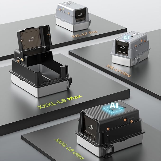 L8 Ultra-XXXL Stainless Steel Litter Box with Smart Odor Control System, 28"L x 20.5"W x 17.4"H Large Cat Litter Box with Lid for Big Cats, High Sided Enclosure with Scoop & Mat, Anti-Leakage-Black